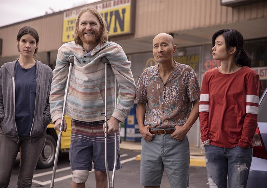 Lodge 49 - Pictured from left to right: Sonya Cassidy as Liz Dudley, Wyatt Russell as Sean "Dud" Dudley, Long Nguyen as Paul, Celia Au as Alice  - Lodge 49 _ Season 2 - Photo Credit: Jackson Lee Davis/AMC