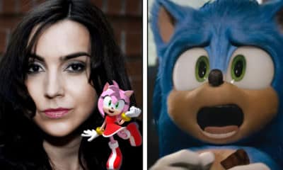 Anime NYC 2019 Interview - Pictured: Lisa Ortiz on left with Amy Rose, Sonic the Hedgehog (Film) on right - Photo and Art Credit: Lisa Ortiz / Sega