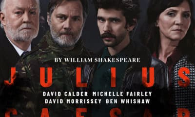 David Morrissey in National Theatre Live's 'Julius Caesar' - From left to right: David Calder as Julius Caesar, David Morrissey as Mark Antony, Ben Whishaw as Brutus, Michelle Fairley as Cassius - Photo Credit: National Theatre Live