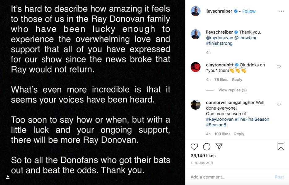 Ray Donovan may continue - Photo Credit: Liev Schreiber's Instagram
