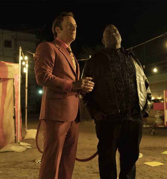 Bob Odenkirk as Jimmy McGill, Lavell Crawford as Huell Babineux - Better Call Saul _ Season 5, Episode 1 - Photo Credit: Warrick Page/AMC/Sony Pictures Television