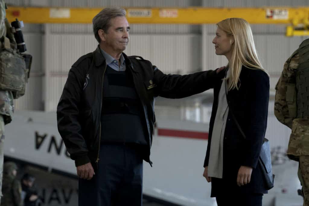 Homeland Season 8 Episode 4 - (L-R): Beau Bridges as President Warner and Claire Danes as Carrie Mathison in HOMELAND, "Chalk One Up". Photo Credit: Warrick Page/SHOWTIME