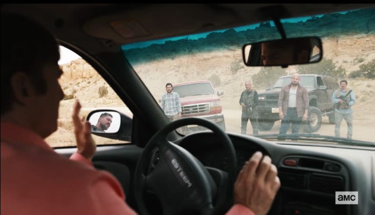 Gabriel 'G-Rod' Rodriguez motions Jimmy McGill/Saul Goodman (Bob Odenkirk) as El Jefe  to get out of the car on Better Call Saul Season 5 Episode 8 "Bagman" Screenshot Photo Credit: AMC