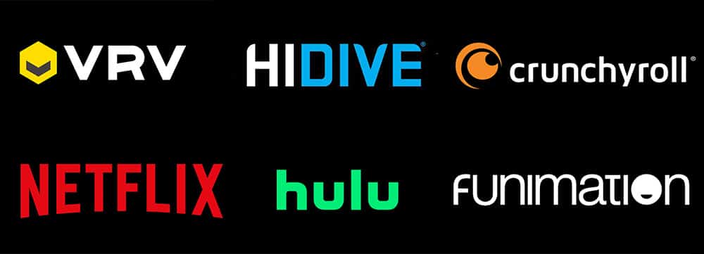 VRV, HIDIVE, Crunchyroll, Netflix, Hulu, Funimation Logos complied by The Natural Aristocrat® - Logo Credit: VRV, HIDIVE, Crunchyroll, Netflix, Hulu, Funimation