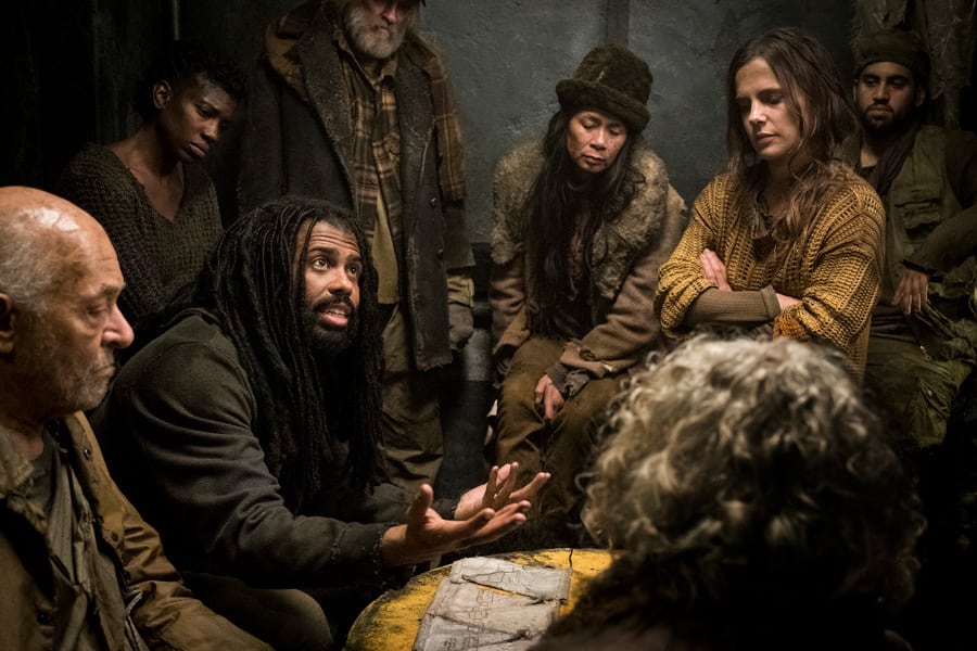 Snowpiercer Series Premiere - "First, the Weather Changed" - Pictured (from left to right) Mark Margolis as Old Ivan, Daveed Diggs as Andre Layton, and Katie McGuinness as Josie Wellstead - Ep 101 - BTS Photography - 8/20/18 - Photo Credit: Justina Mintz  