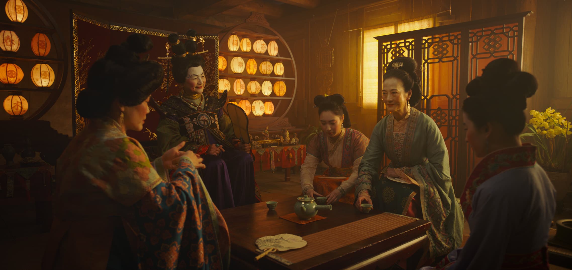 Disney's MULAN - Pictured: L to R: Groom's mother, Matchmaker (Pei-Pei Cheng), Xiu (Xana Tang), Wuwei (Rosalind Chao) and Mulan (Yifei Liu) - Photo: Film Frame © 2019 Disney Enterprises, Inc. All Rights Reserved.