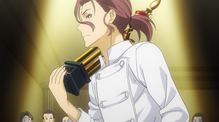 Joichiro Yukihira holds trophy in Food Wars! Season 3 'The Third Plate'. Screenshot via VRV's HIDIVE Channel. Credit: J.C.Staff and Sentai Filmworks