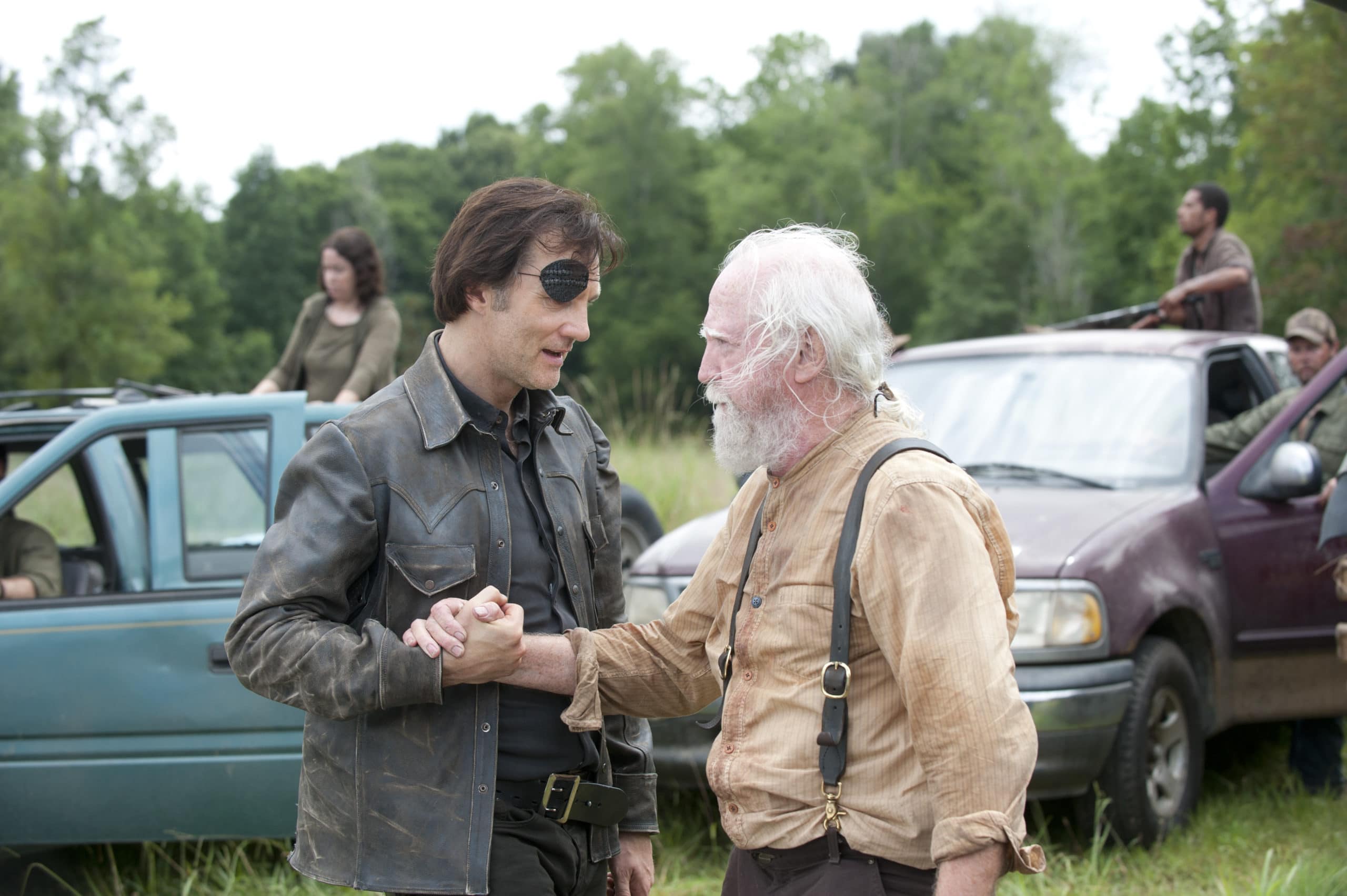The Governor (David Morrissey) and Hershel Greene (Scott Wilson) - The Walking Dead _ Season 4, Episode 8 _ BTS - Photo Credit: Gene Page/AMC
