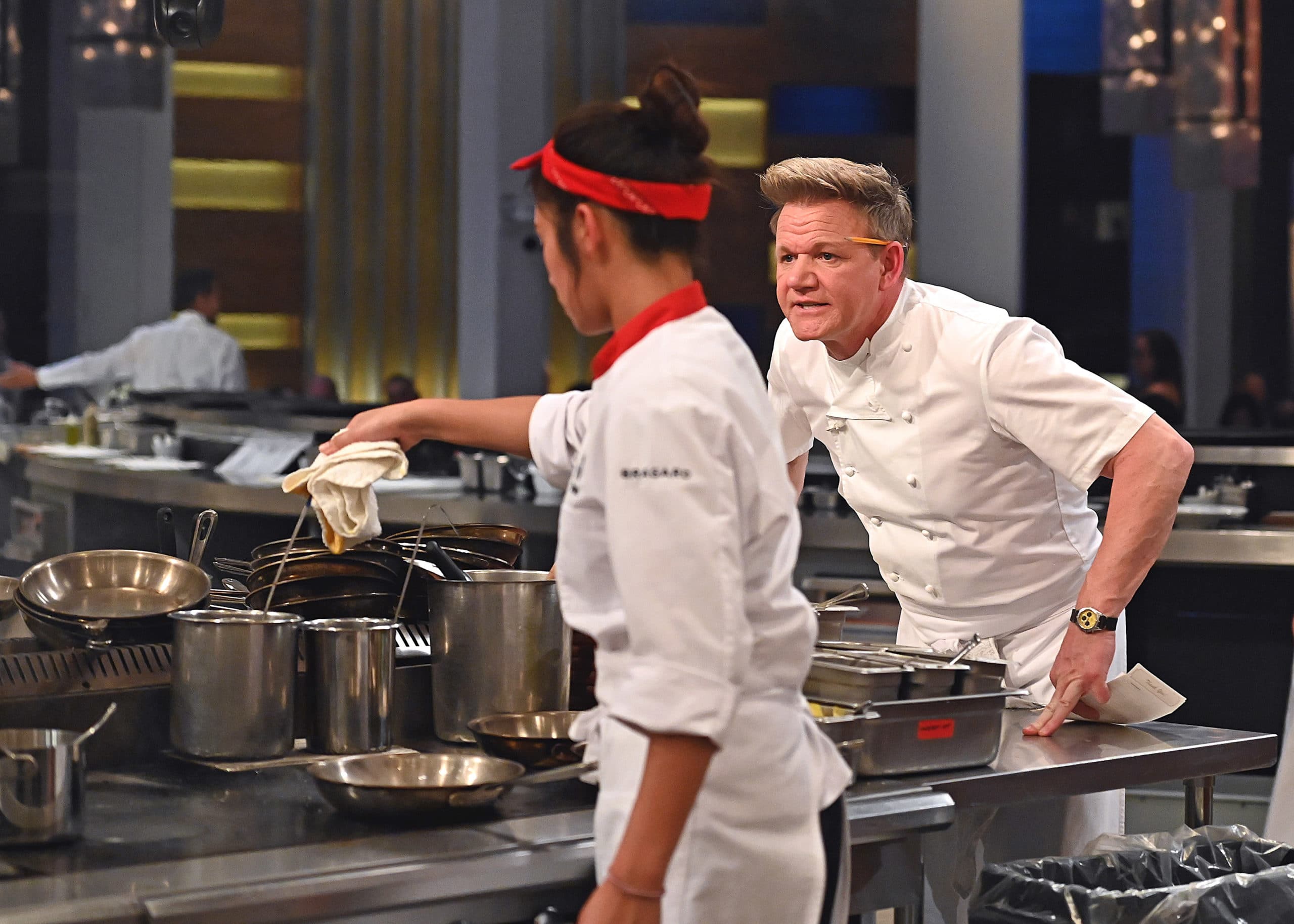 HELL'S KITCHEN: L-R: Contestant Brynn and chef/host Gordon Ramsay in the “Sticky Situation” episode airing Monday, Aug 16 (8:00-9:01PM ET/PT) on FOX. CR: Scott Kirkland / FOX. © 2021 FOX MEDIA LLC.