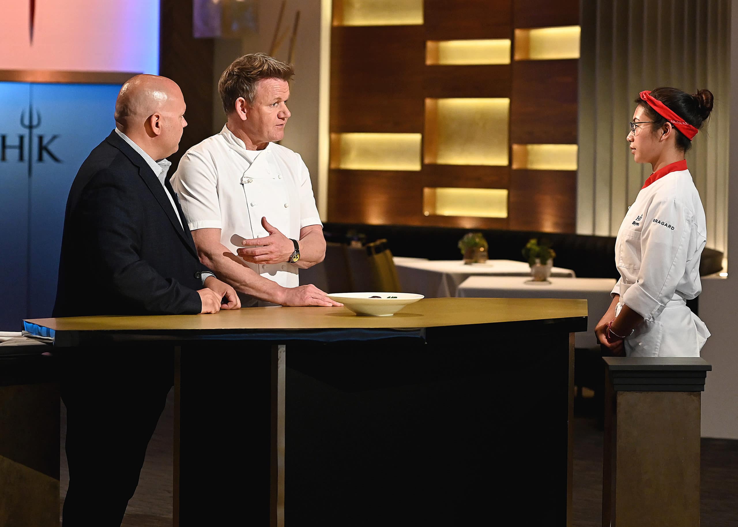 HELL'S KITCHEN: L-R: Guest judge and chef/host Gordon Ramsay with contestant Brynn in the “All Hell Breaks Loose” episode airing Monday, Aug. 30 (8:00-9:01 PM ET/PT) on FOX. CR: Scott Kirkland / FOX. © 2021 FOX MEDIA LLC.