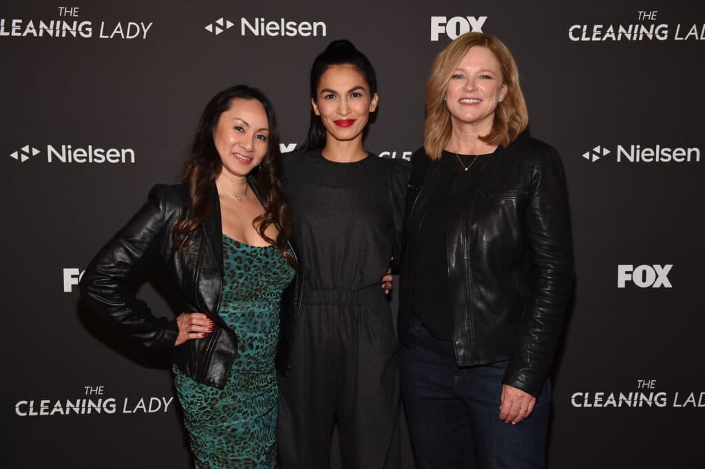THE CLEANING LADY: Star of FOX's new drama THE CLEANING LADY - Élodie Yung (C), joins Executive Producers Miranda Kwok (L) and Melissa Carter (R) at a screening event and Q&amp;A presented by Nielsen and FOX at the Japanese American National Museum in Downtown Los Angeles. ©2021 Fox Media LLC. CR: Frank Micelotta/PictureGroup for FOX