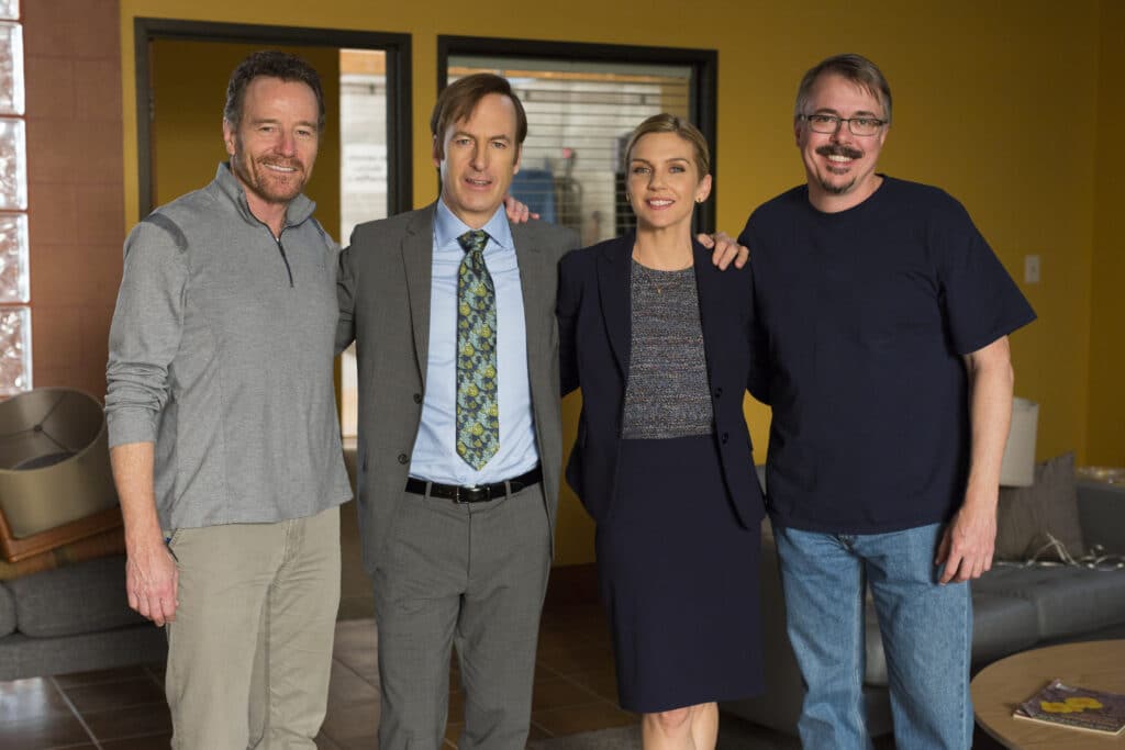 BTS, (L to R) Bryan Cranston, Bob Odenkirk as Jimmy McGill, Rhea Seehorn as Kim Wexler, Executive Producer Vince Gilligan - Better Call Saul _ Season 3, Episode 2 - Photo Credit: Michele K. Short/AMC/Sony Pictures Television