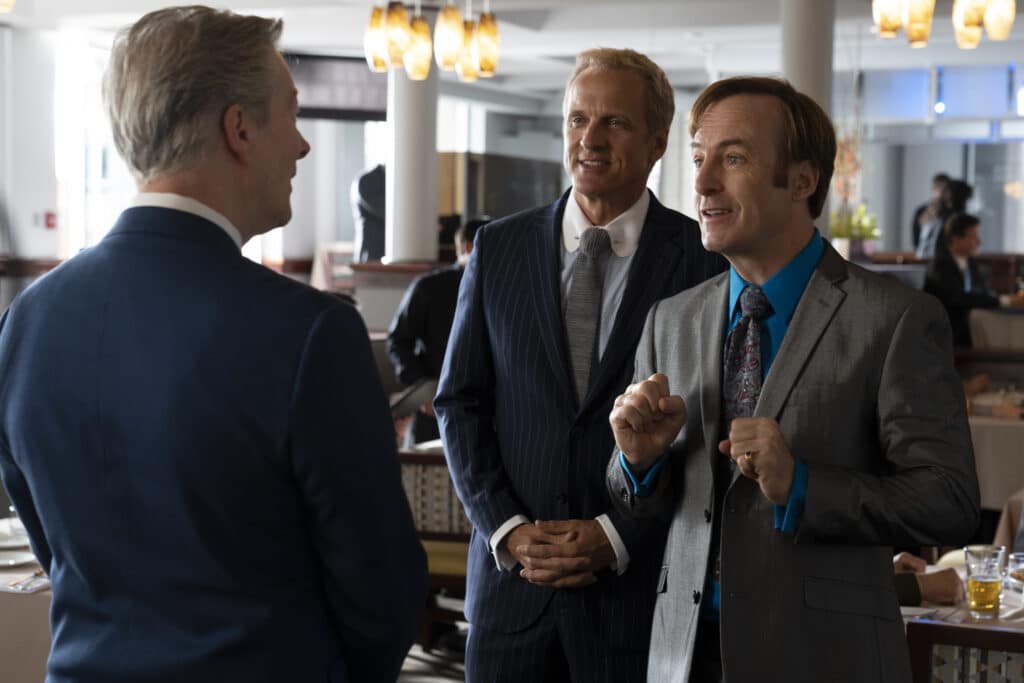 Patrick Fabian as Howard Hamlin, Bob Odenkirk as Jimmy McGill, Sewell Whitney as Judge Lawler - Better Call Saul _ Season 5 - Photo Credit: Greg Lewis/AMC/Sony Pictures Television
