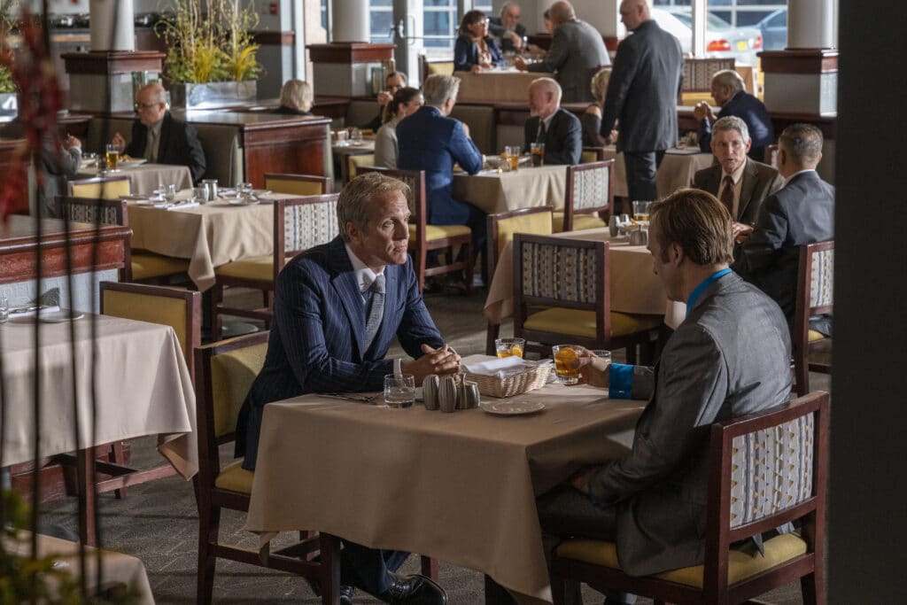 Patrick Fabian as Howard Hamlin, Bob Odenkirk as Jimmy McGill - Better Call Saul _ Season 5, Episode 4 - Photo Credit: Greg Lewis/AMC/Sony Pictures Television