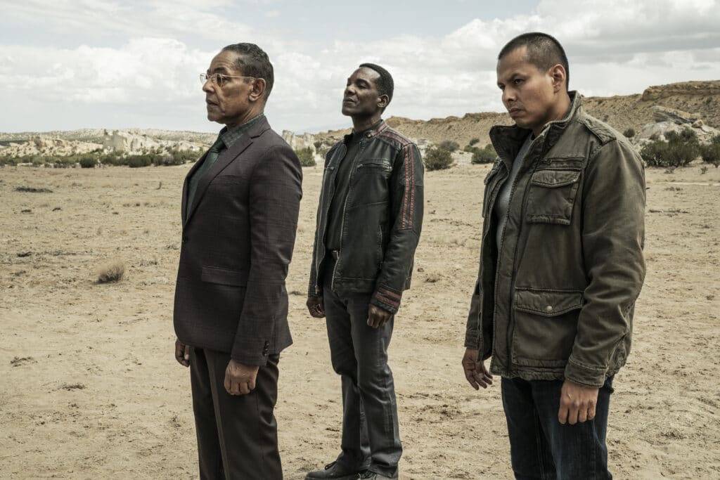 Giancarlo Esposito as Gus Fring, Ray Campbell as Tyrus, Jeremiah Bitsui as Victor - Better Call Saul _ Season 6, Episode 3 - Photo Credit: Greg Lewis/AMC/Sony Pictures Television