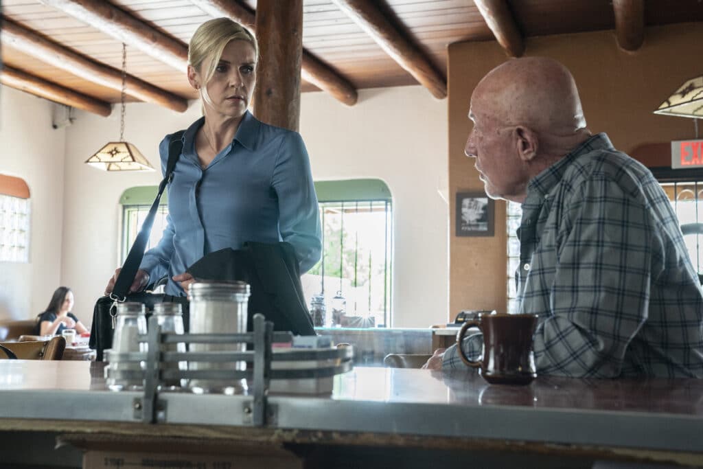 Rhea Seehorn as Kim Wexler, Jonathan Banks as Mike Ehrmantraut - Better Call Saul _ Season 6, Episode 4 - Photo Credit: Greg Lewis/AMC/Sony Pictures Television