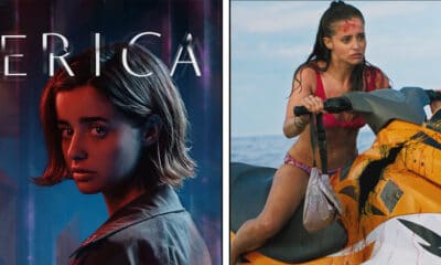 Holly Earl as Erica Mason in 'Erica' and as Nat in 'Shark Bait'. Photo Credit: Flavourworks/Sony Interactive Entertainment (Left), © 2022 Vertical Entertainment (Right)