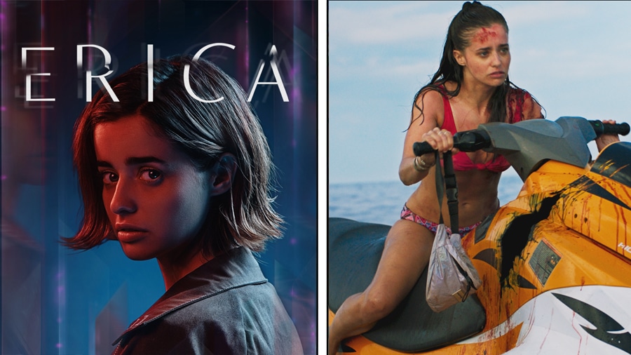 Holly Earl as Erica Mason in 'Erica' and as Nat in 'Shark Bait'. Photo Credit: Flavourworks/Sony Interactive Entertainment (Left), © 2022 Vertical Entertainment (Right)