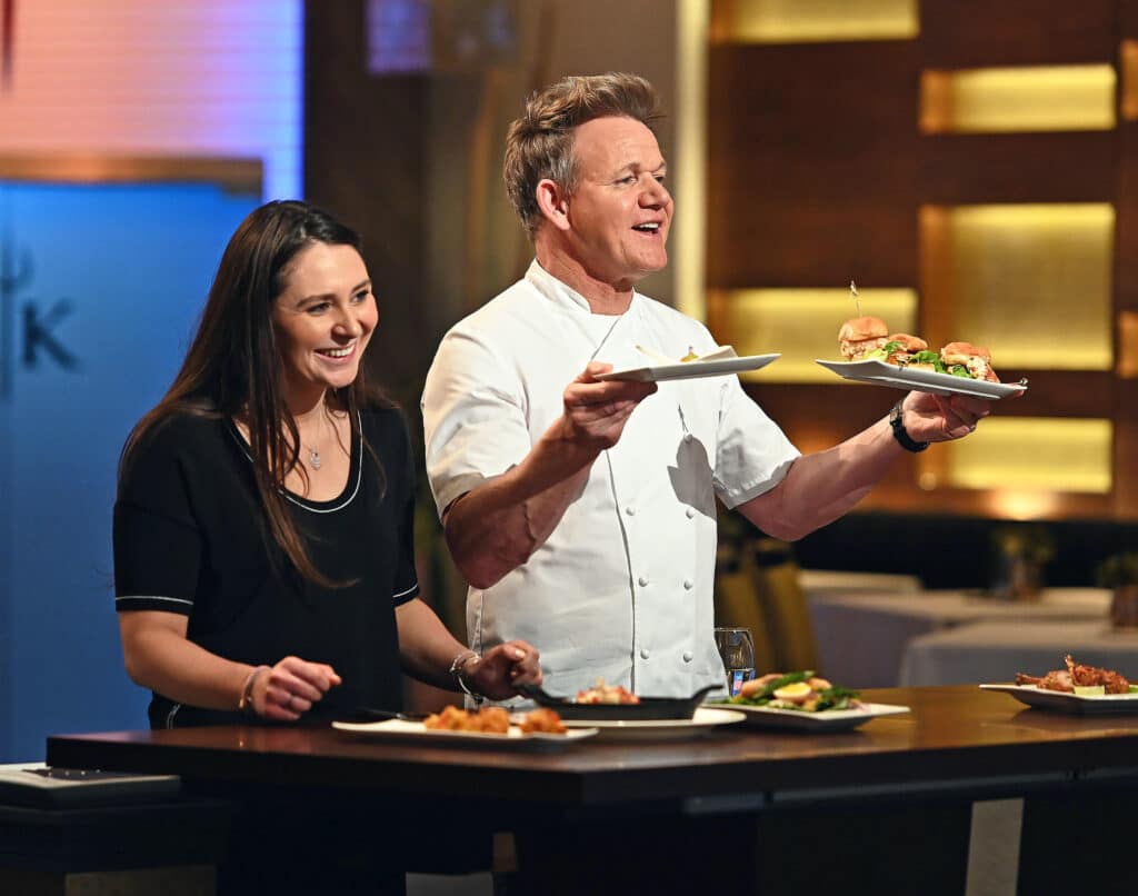 HELL'S KITCHEN: L-R: Guest judge Megan Ramsay and chef/host Gordon Ramsay in the “Ramsay B-day in Hell” episode airing Monday, July 5 (8:00-9:00 PM ET/PT) on FOX. CR: Scott Kirkland / FOX. © 2021 FOX MEDIA LLC.