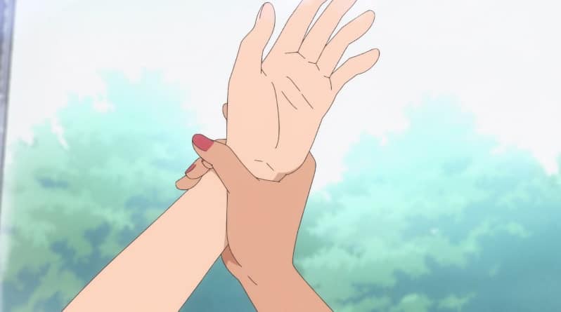 Hayase Nagatoro grabs Yoshi's hand from touching Senpai's hair © Nanashi KODANSHA / Don't Toy with Me, Miss Nagatoro Production Committee 
