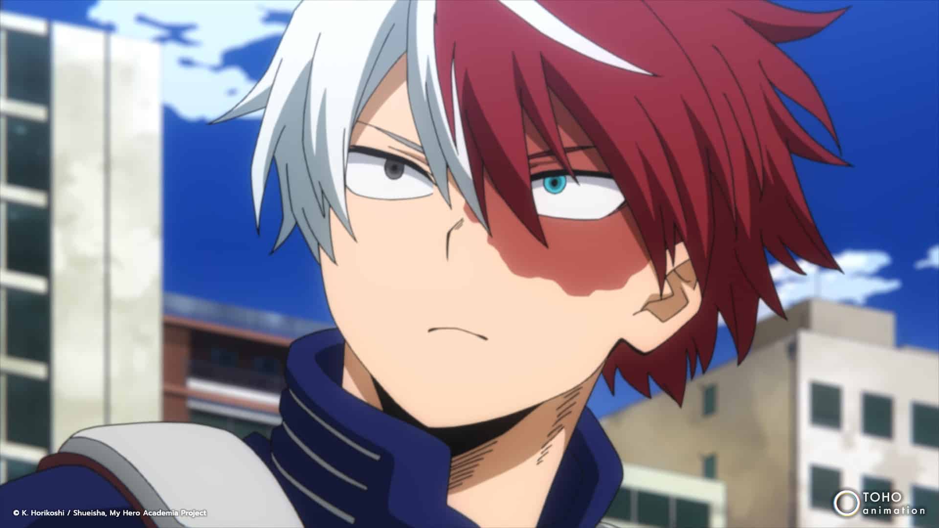 Visual de Deku, Bakugo e Todoroki em My Hero Academia: WORLD HEROS