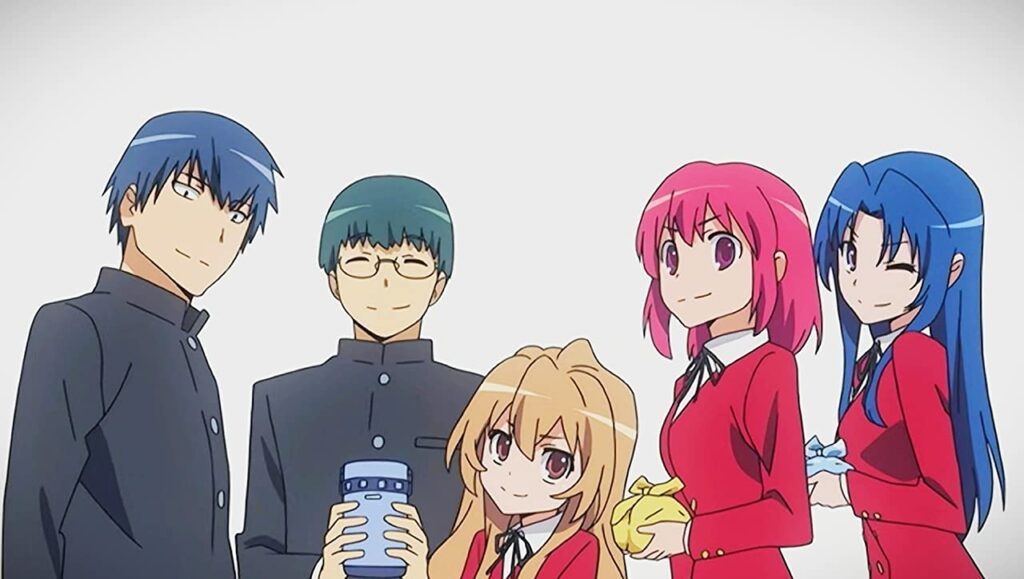 Ryuuji Takasu, Yusaku Kitamura, Taiga Aisaka, Minori Kushieda and Ami Kawashima. Photo Credit: © UYUKO TAKEMIYA / ASCII MEDIA WORKS / TORADORA PRODUCT COMMITTEE