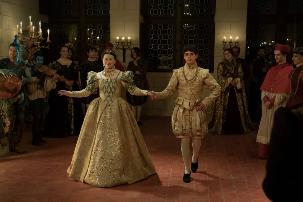 Liv Hill as Young Catherine de Medici and Alex Heath as Young Prince Henri on The Serpent Queen. Photo Credit: STARZ