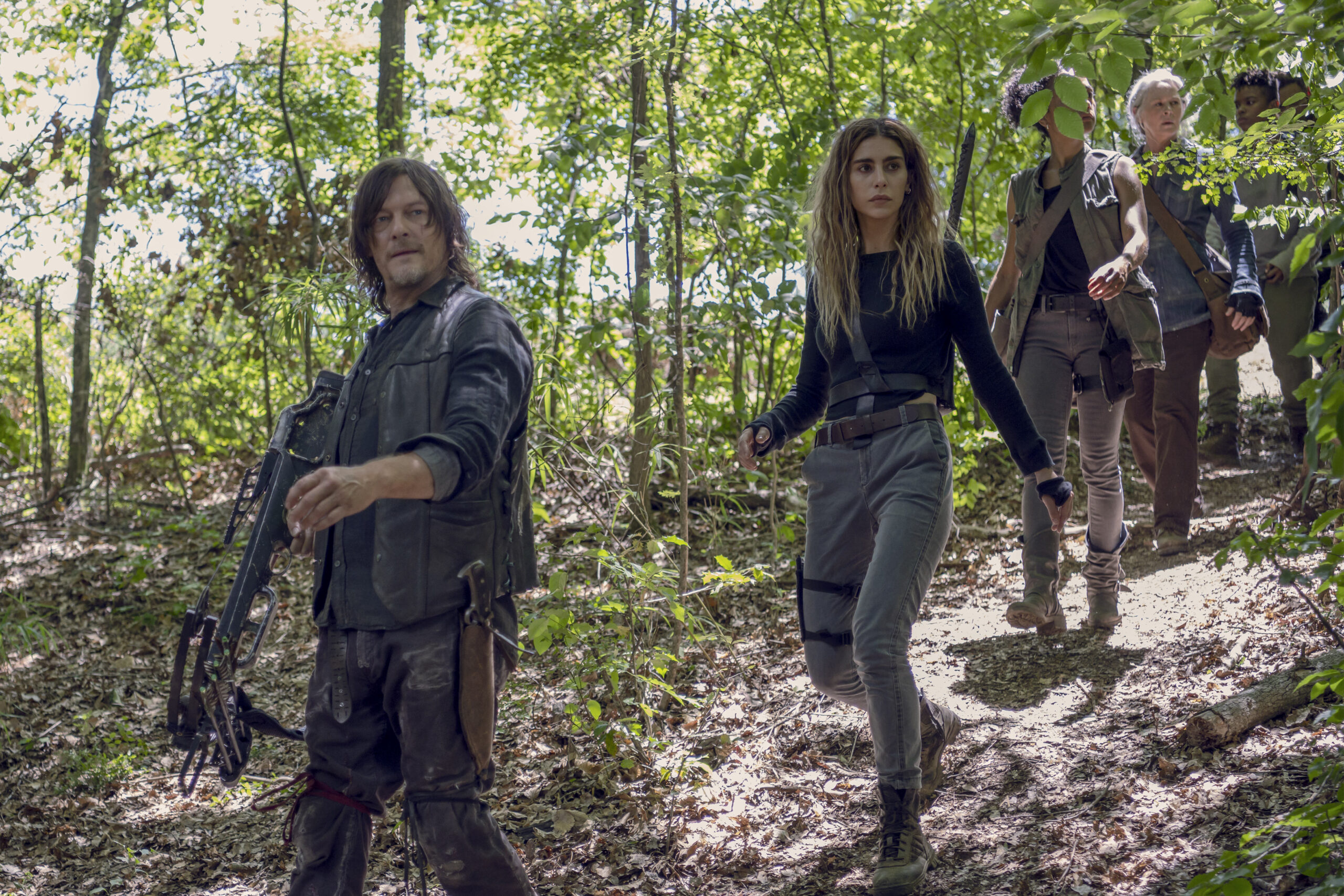 Norman Reedus as Daryl Dixon, Nadia Hilker as Magna, Lauren Ridloff as Connie, Melissa McBride as Carol, Angel Theory as Kelly - The Walking Dead _ Season 10, Episode 8 - Photo Credit: Gene Page/AM8