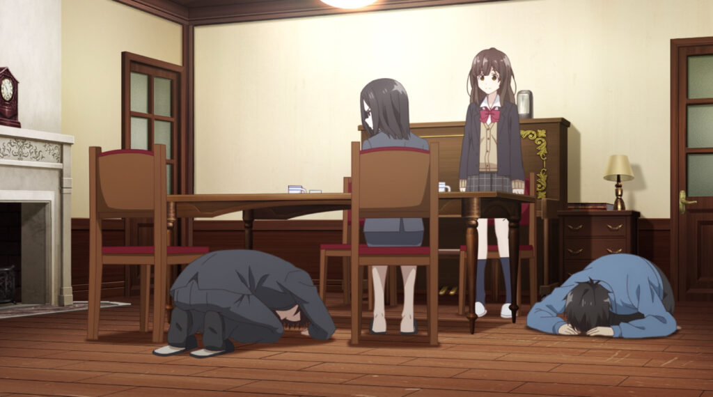 Yoshida and Issa Ogiwara bowing to Sayu's mother in 'Higehiro: After Being Rejected, I Shaved and Took in a High School Runaway'. Episode 12 "Mother". Photo Credit: © Shimesaba, KADOKAWA / “Higehiro” Production Committee
