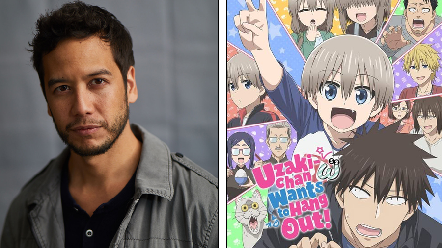 Ricco Fajardo is  Shinichi Sakurai in  Uzaki-chan Wants to Hang Out! English Dub. Photo Credit: © Jason Fitzgerald (left) / ©2022 Take/KADOKAWA/Uzaki-chan 2 Production Committee (right)