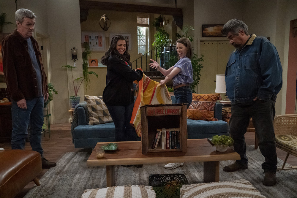 LOPEZ VS LOPEZ -- "Lopez vs Neighbors" Episode 111 -- Pictured: (l-r) Neil Flynn as Steve, Mayan Lopez as Mayan, Eden Sher as June, George Lopez as George -- (Photo by: Nicole Weingart/NBC)