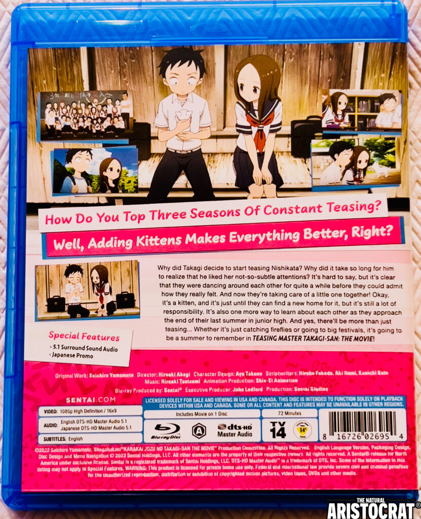 Teasing Master Takagi-San: The Movie Blu-ray Review. Back Cover. Photo Credit: Nir Regev - The Natural Aristocrat® / Original Art by  © 2022 Soichiro Yamamoto, Shogakukan/The Teasing Master Takagi-san Production Committee