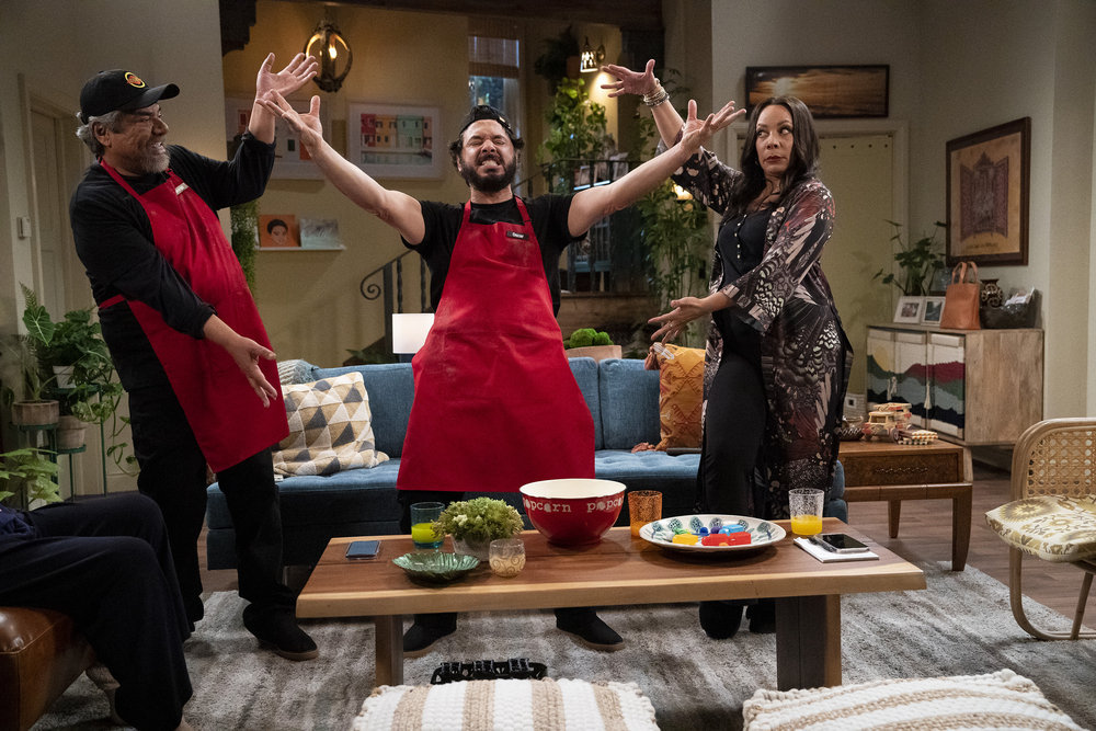 LOPEZ VS LOPEZ -- "Lopez vs Work" Episode 114 -- Pictured: (l-r) George Lopez as George, Al Madrigal as Oscar, Selenis Leyva as Rosie -- (Photo by: Nicole Weingart/NBC)