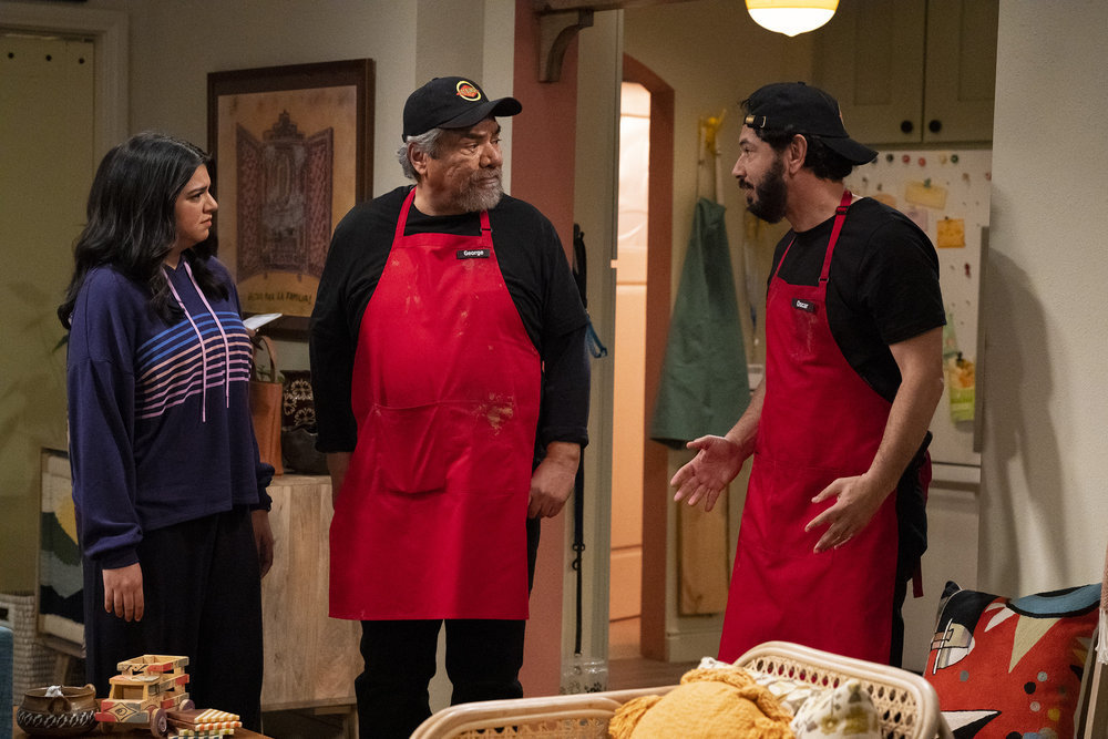 LOPEZ VS LOPEZ -- "Lopez vs Work" Episode 114 -- Pictured: (l-r) Mayan Lopez as Mayan, George Lopez as George, Al Madrigal as Oscar -- (Photo by: Nicole Weingart/NBC)