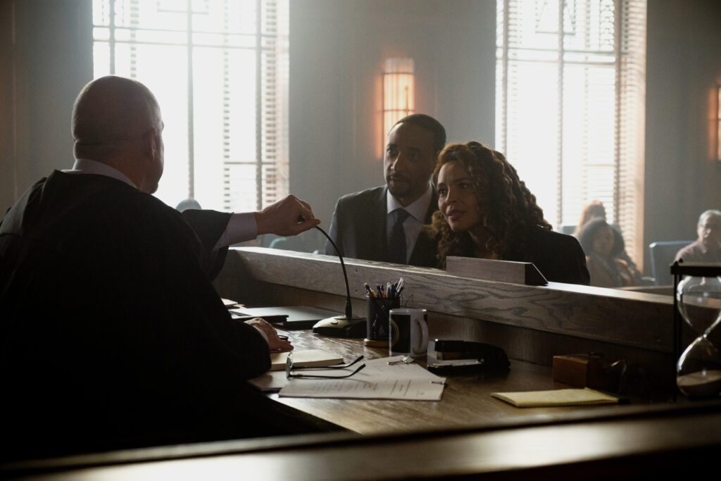 (L-R): Paul Schulze as Judge Thomas Doucet, Damon Gupton as Jarek Rall and Carmen Ejogo as Lee Delamere in YOUR HONOR, "Part Twenty". Photo credit: Andrew Cooper/SHOWTIME.
