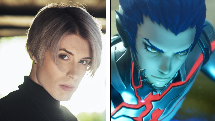 Daman Mills as Aogami in Shin Megami Tensei V. Photo & Art Credit: (left) Jordan Fraker / (right) © ATLUS / SEGA