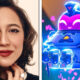 (Left) Actress Sara Amini. Headshot. Photo Credit: Jonny Marlow. (Right) Glitch in Ratchet & Clank: Draft Apart. Art Credit: Insomniac Games / Character Artist Damon Cimarusti.