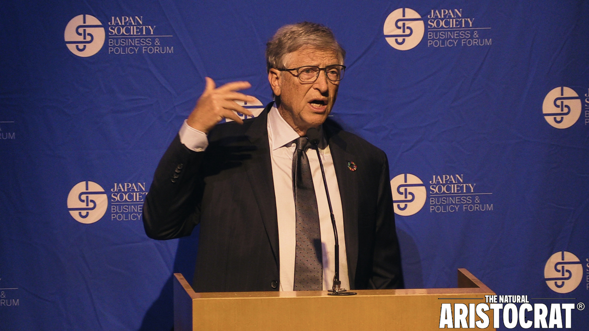 Microsoft co-founder Bill Gates speaking at Japan Society in NYC on 9/21/23. Photo Credit: Nir Regev - The Natural Aristocrat®