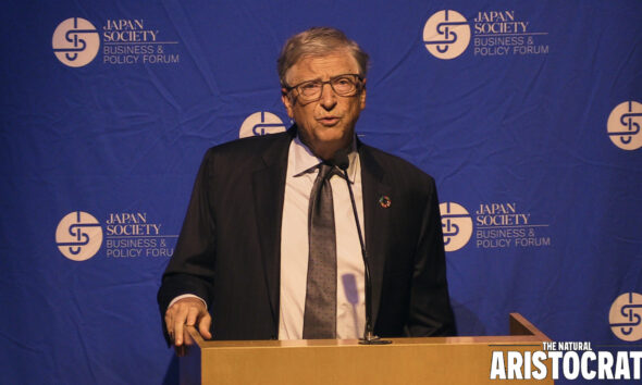 Microsoft co-founder Bill Gates speaking at Japan Society in NYC on 9/21/23. Photo Credit: Nir Regev - The Natural Aristocrat®