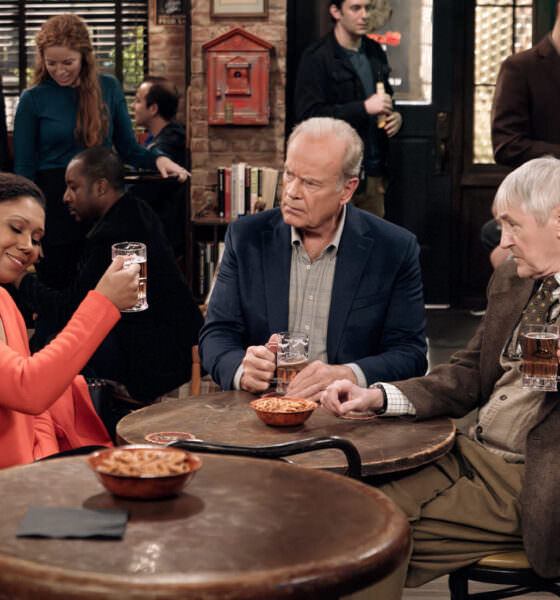 L-R: Toks Olagundoye as Olivia, Kelsey Grammer as Frasier Crane and Nicholas Lyndhurst as Alan in Frasier, episode 1, season 1 streaming on Paramount+, 2023. Photo credit: Chris Haston/Paramount+ TM & © 2023 CBS Studios Inc. Frasier and related marks and logos are trademarks of CBS Studios Inc. All Rights Reserved.