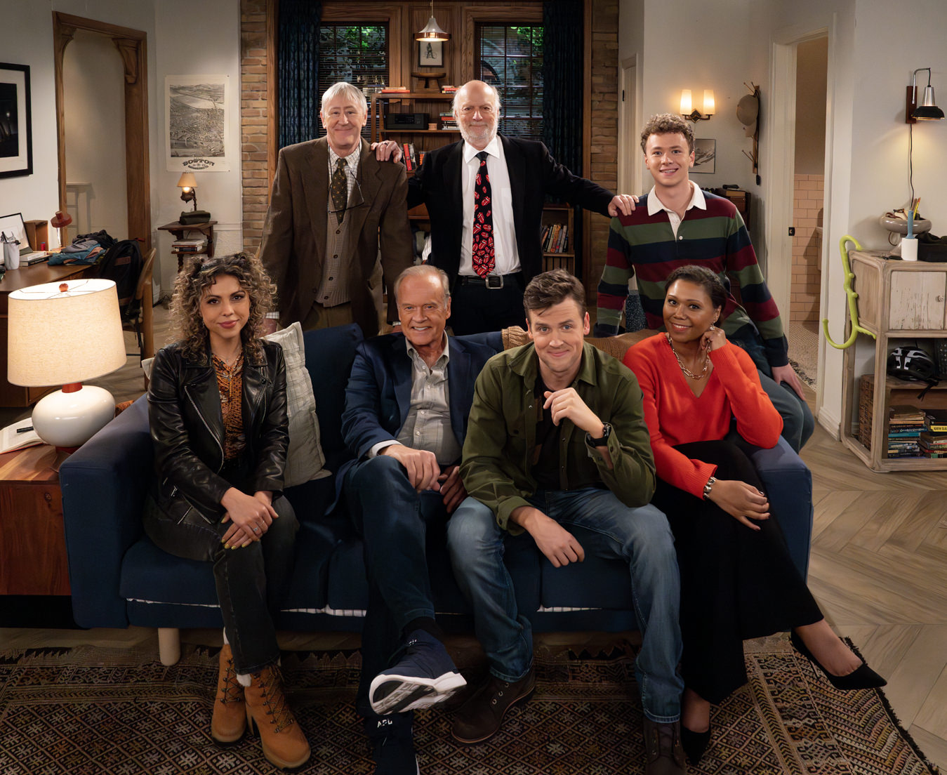From top, left to right: BTS of Nicholas Lyndhurst, director James Burrows and Anders Keith.  Bottom from left: Jess Salgueiro, Kelsey Grammer, Jack Cutmore-Scott and Toks Olagundoye on the set of Frasier, episode 1, season 1 streaming on Paramount+, 2023.   Photo credit: Chris Haston/Paramount+  TM & © 2023 CBS Studios Inc. Frasier and related marks and logos are trademarks of CBS Studios Inc. All Rights Reserved.