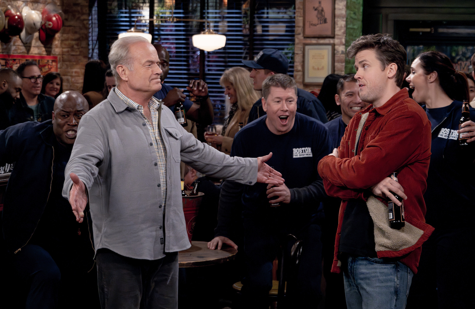 L-R: Kevin Daniels as Tiny, Kelsey Grammer as Frasier Crane, Jimmy Dunn as Moose and Jack Cutmore-Scott as Freddy Crane in Frasier, episode 2, season 1 streaming on Paramount+, 2023.   Photo credit: Chris Haston/Paramount+  TM & © 2023 CBS Studios Inc. Frasier and related marks and logos are trademarks of CBS Studios Inc. All Rights Reserved.