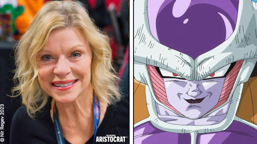 Voice actress Linda Young and Frieza. Photo Credit: © Nir Regev 2023 - The Natural Aristocrat® (left) / © Akira Toriyama, BIRD STUDIO/SHUEISHA, TOEI ANIMATION (right)