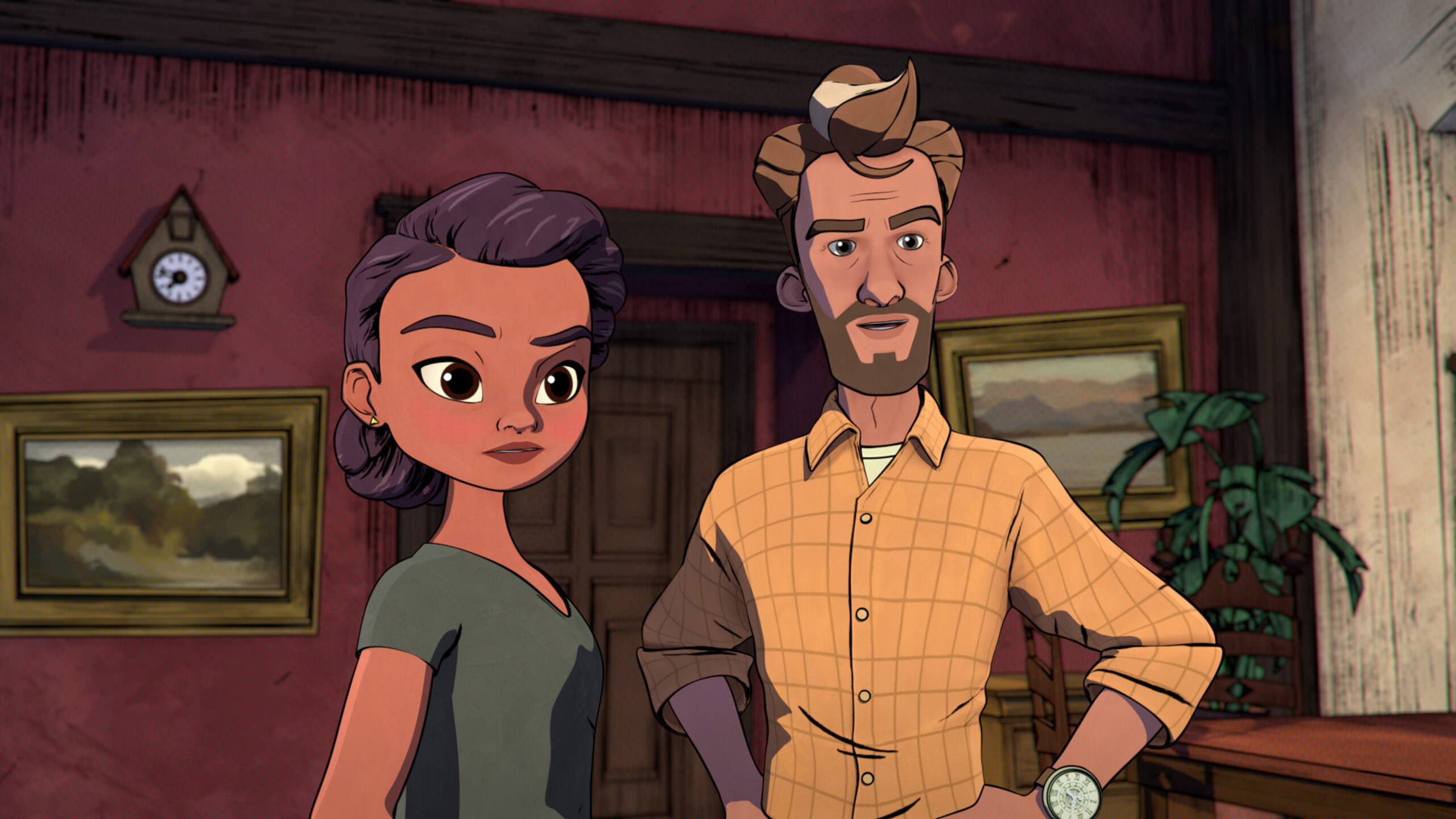 Sky (voiced by Lyric Lewis) and Alex Vanderhouven (voiced by Reid Scott) in "CURSES!," now streaming on Apple TV+.