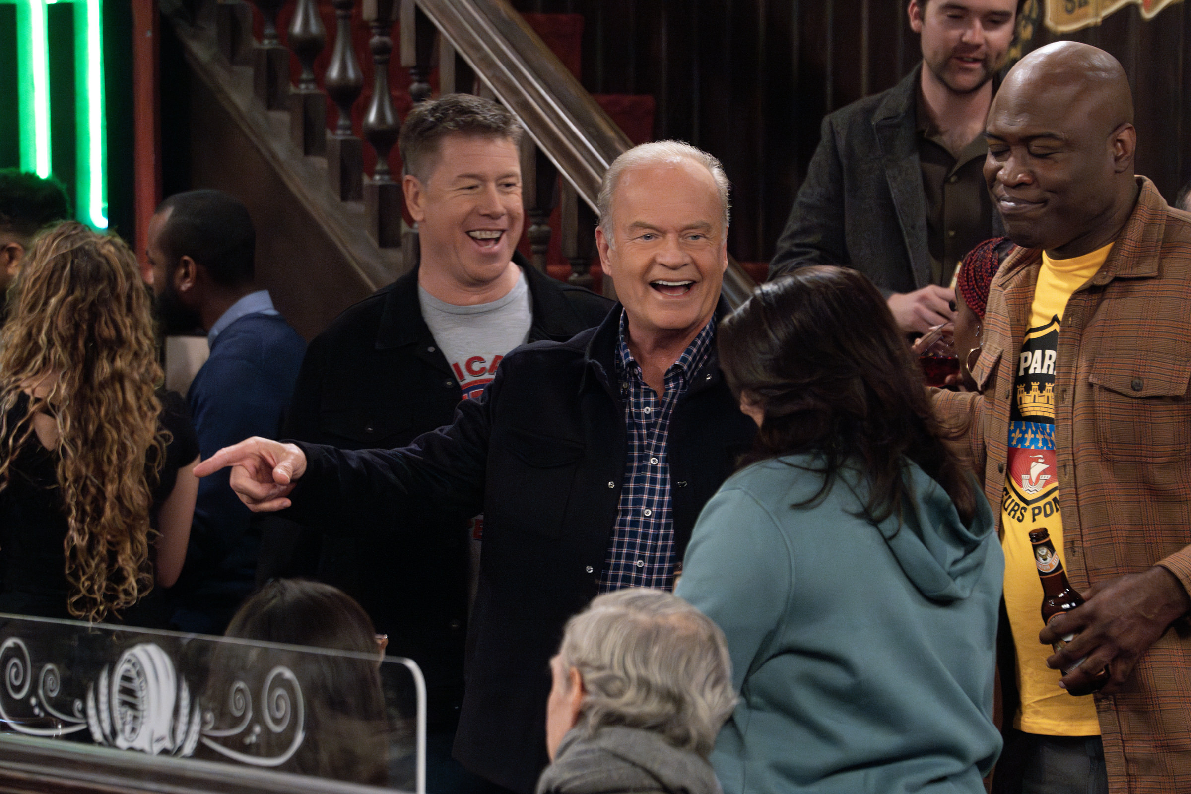 L-R: Jimmy Dunn as Moose, Kelsey Grammer  as Frasier Crane and Kevin Daniels as Tiny in Frasier, episode 4, season 1 streaming on Paramount+, 2023.   Photo credit: Chris Haston/Paramount+