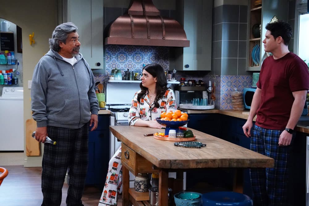 LOPEZ VS LOPEZ -- "Lopez vs Sobriety" Episode 201 -- Pictured: (l-r) George Lopez as George, Mayan Lopez as Mayan, Matt Shively as Quinten -- (Photo by: Nicole Weingart/NBC)
