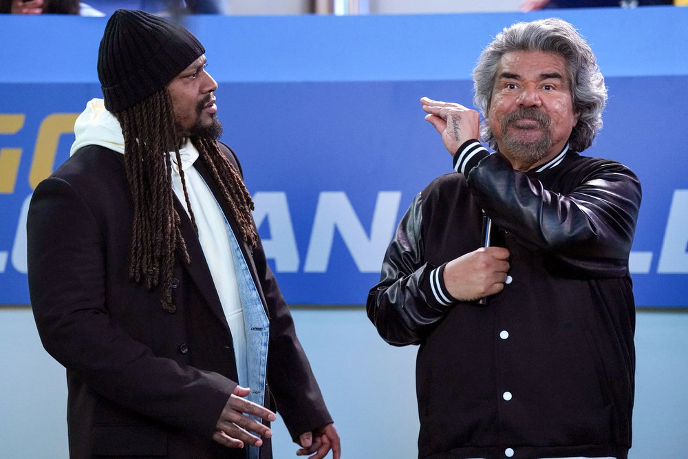 LOPEZ VS LOPEZ -- "Lopez vs Raider Nation" Episode 205 -- Pictured: (l-r) Marshawn Lynch as Himself, George Lopez as George -- (Photo by: Nicole Weingart/NBC)