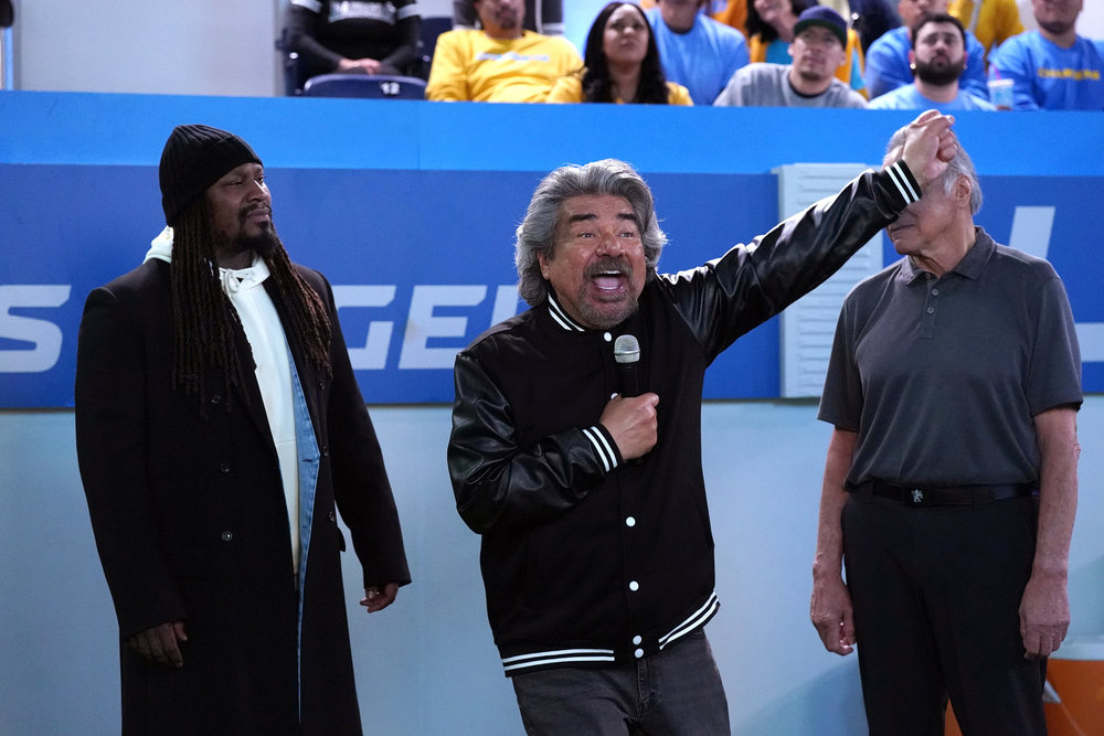 LOPEZ VS LOPEZ -- "Lopez vs Raider Nation" Episode 205 -- Pictured: (l-r) Marshawn Lynch as Himself, George Lopez as George, Jim Plunkett as Himself -- (Photo by: Nicole Weingart/NBC)