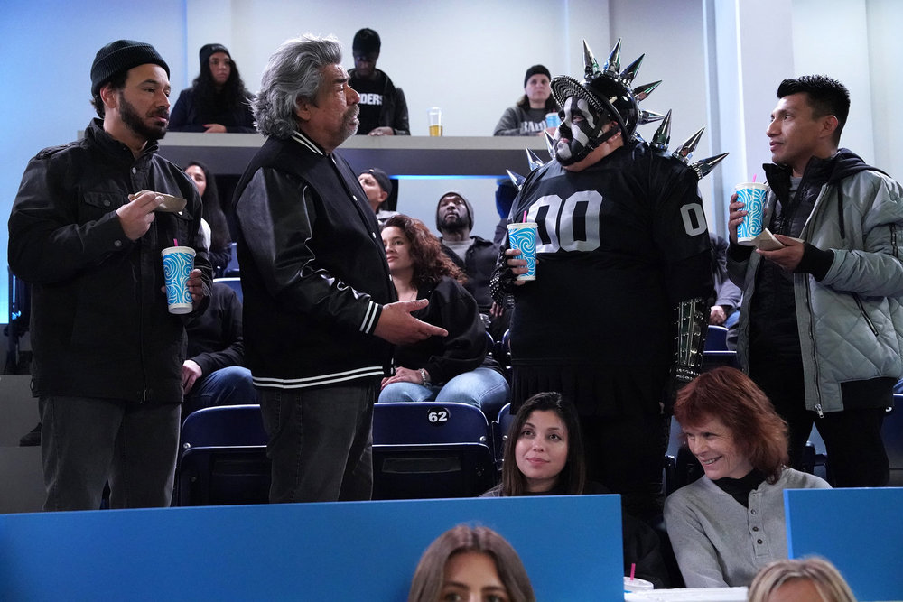 LOPEZ VS LOPEZ -- "Lopez vs Raider Nation" Episode 205 -- Pictured: (l-r) Al Madrigal as Oscar, George Lopez as George, Momo Rodriguez as Momo, Moises Chavez as Raul -- (Photo by: Nicole Weingart/NBC)
