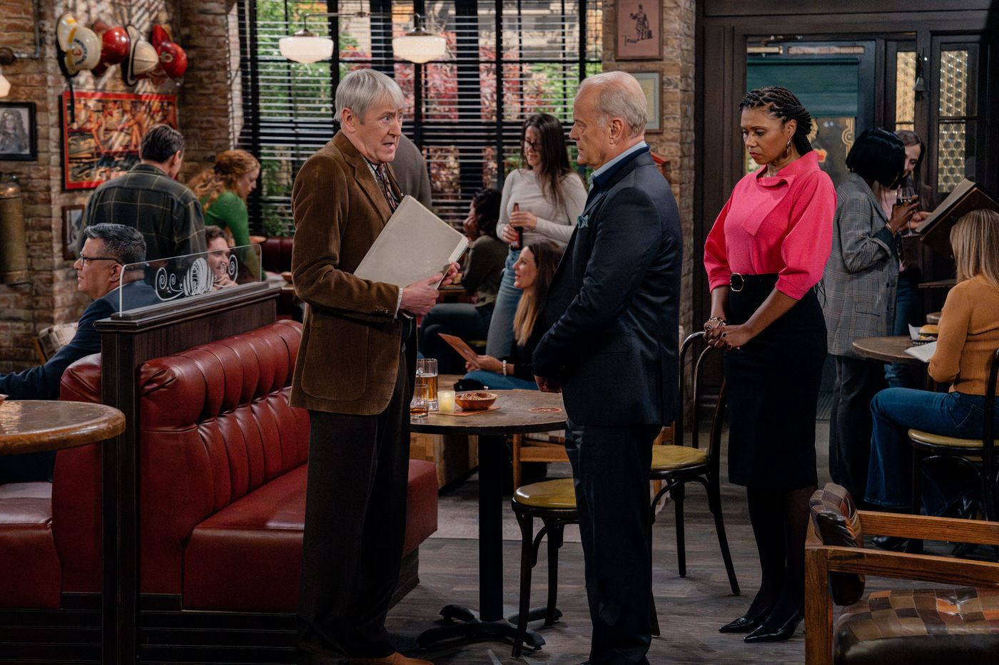 L-R: Nicholas Lyndhurst as Alan, Kelsey Grammer as Frasier and Toks Olagundoye as Olivia in Frasier, episode 4, season 2 streaming on Paramount+, 2024. Photo credit: Chris Haston/Paramount+